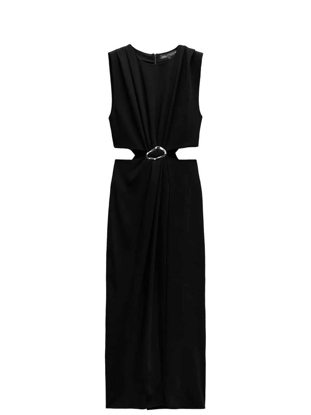 Zara Black Sleeveless Midi Dress with Midriff Cutout and Ring Accent
